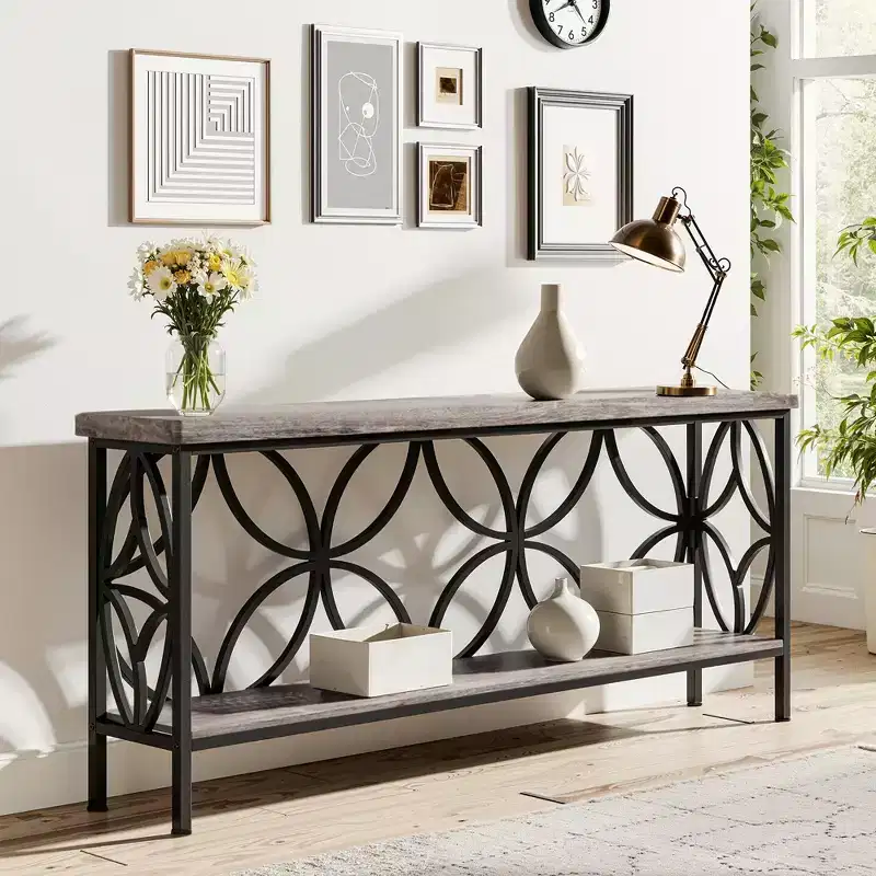 MAYEERTY 70.9 Industrial 2-Tier Sofa Table, Extra Long Narrow Console Table for Entryway & Hallway