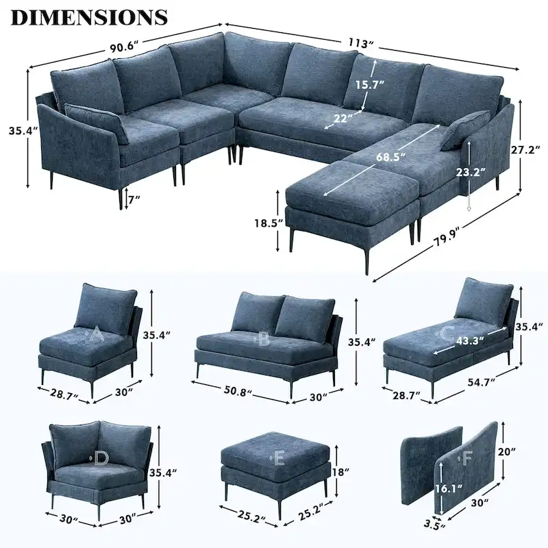 U-Shaped 6-Seat Sectional Sofa, Reversible Sleeper in Modern Chenille Design, with Chaise Lounge and Ottoman