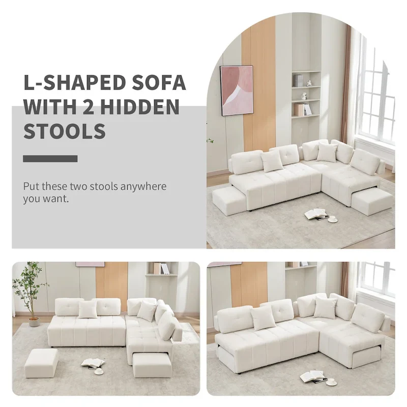 91.73  L-Shaped 4 Seater Sectional Sofa with 2 Hidden Stools, 2 Removable Lumbar Pillows, and Durable Chenille Upholstery