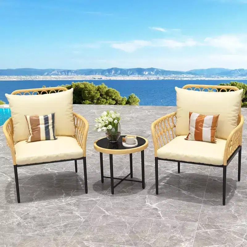 GustoWave 3-Piece Bistro Set With Table And Beige Cushions For Garden Patio Deck