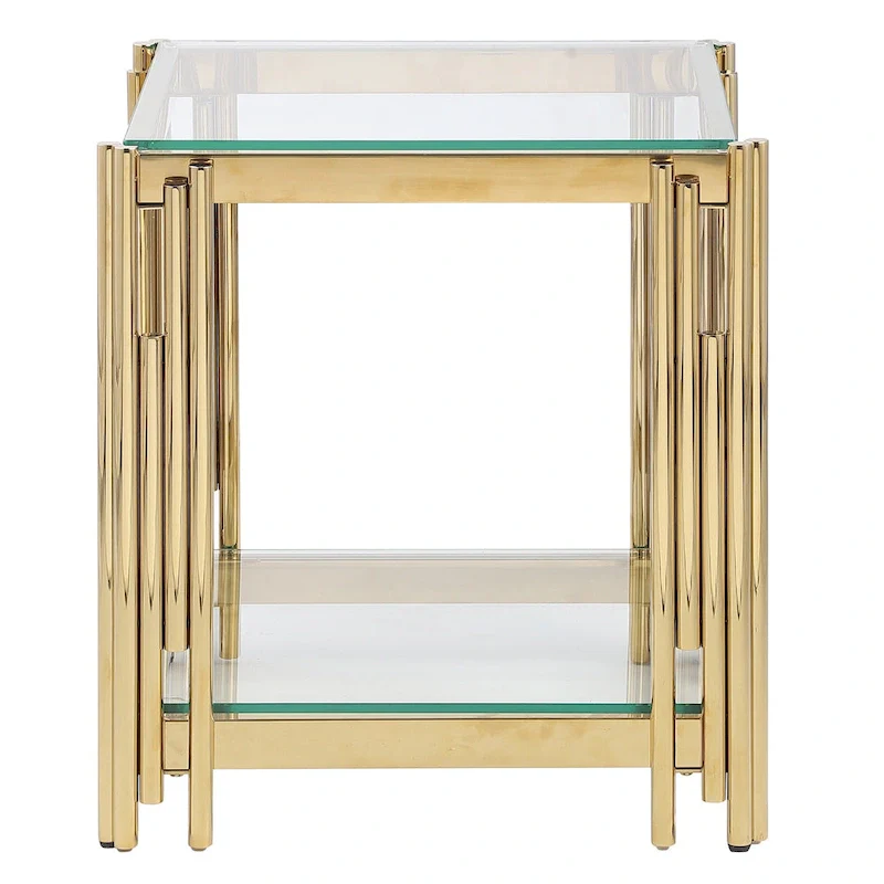 Woker Furniture 20 Wide Square End Table with Glass Top, Golden Stainless Steel Tempered Glass Coffee Table