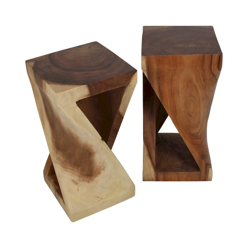 Wood Sculpted End Table, Natural/White Wash, Rustic, Single