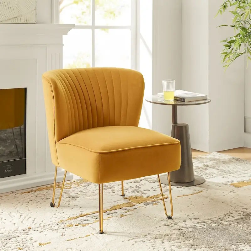 Velvet Tufted Accent Chair with Golden Metal Legs - Channel Back Design, High-Density Foam, 250 lbs Capacity, 26W x 30D x 31.5H
