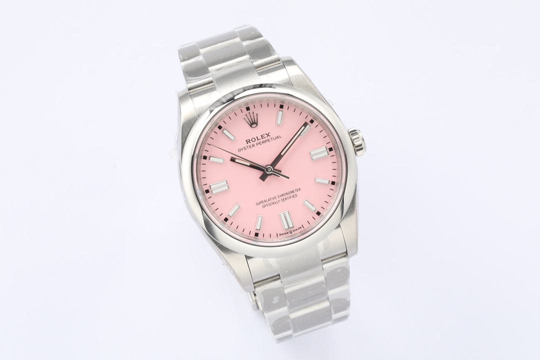 Rolex Oyster Perpetual replica met roze wijzerplaat en stalen band