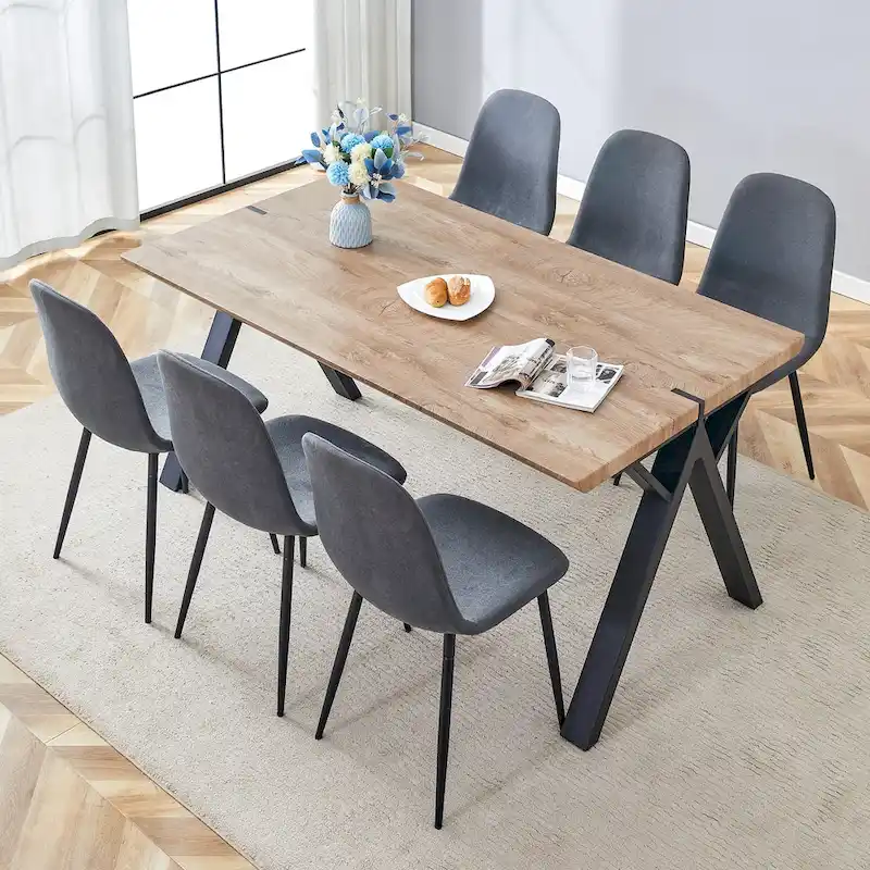 Modern Dining Set with Rectangular Black A-Frame Table & Round Backrest Chairs