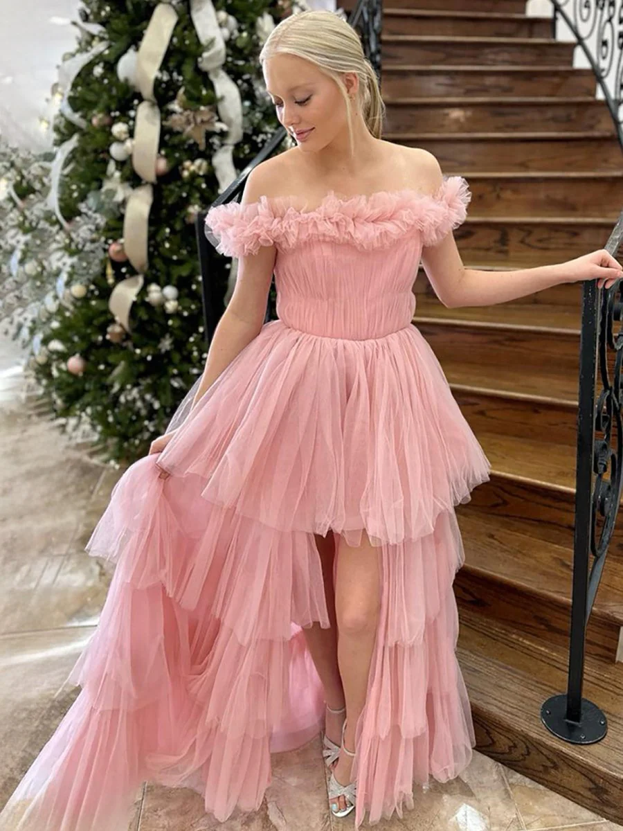 Pink Off The Shoulder Tulle A Line Prom Dress With Split