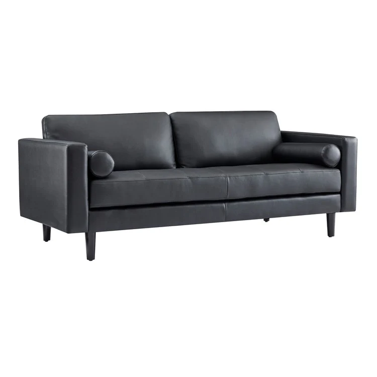 Modern Genuine Leather Sofa with Wooden Legs & Additional Bolster Pillow