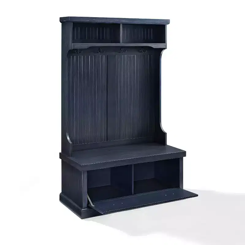 Crosley Seaside Hall Tree Distressed Navy: Coastal Entryway Furniture with Storage Hooks, Hardwood Frame