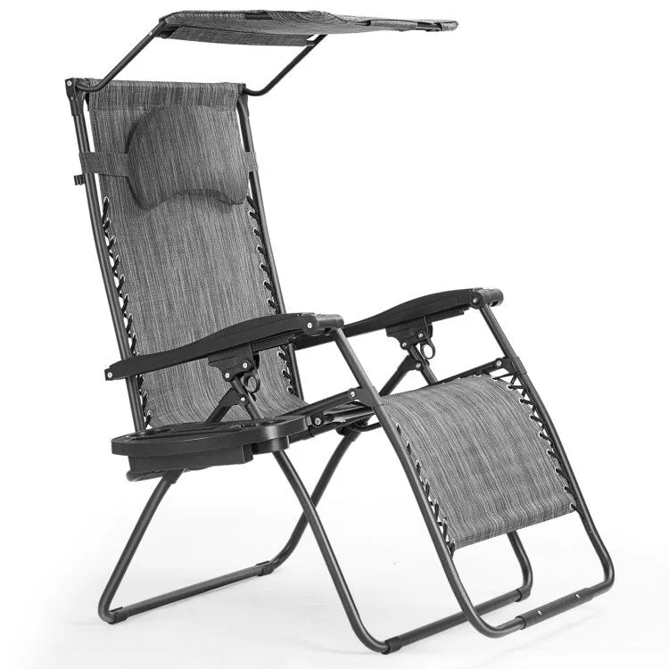 Grey Folding Outdoor Recliner Lounge Chair with Shade Canopy and Cup Holder – 1 Person