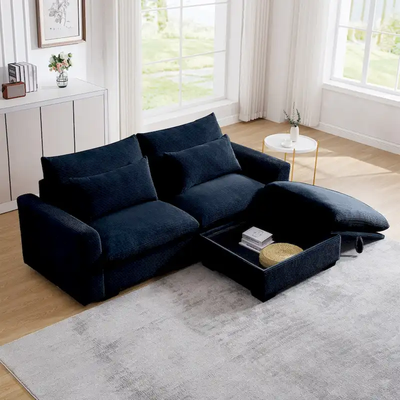 Sectional Sofa Comfy Corduroy Couch with Pillows and Round Armrests,Corduroy Sofa Sleeper Deep Couches with Storage Ottoman