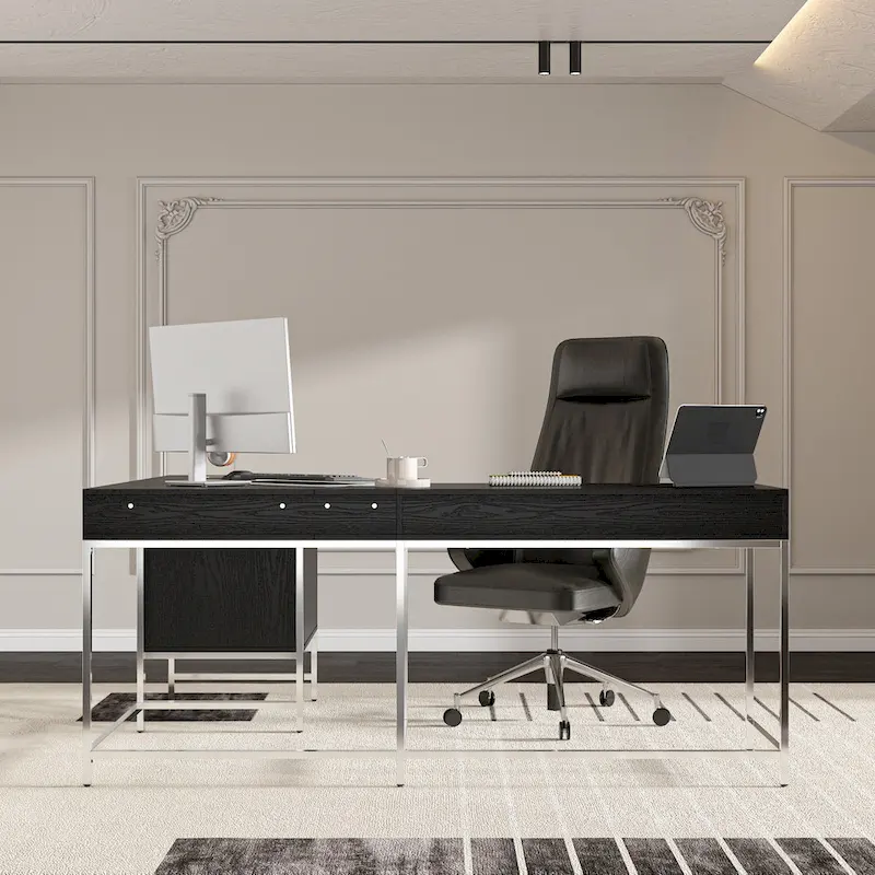 L-Shaped Black Wood Grain Office Desk with Drawers,Steel Frame, Modern Executive Workstation