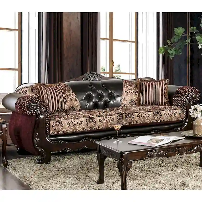 Burgundy / Light Brown / Tan Traditional Faux Leather Tufted Sofa, Seats 3