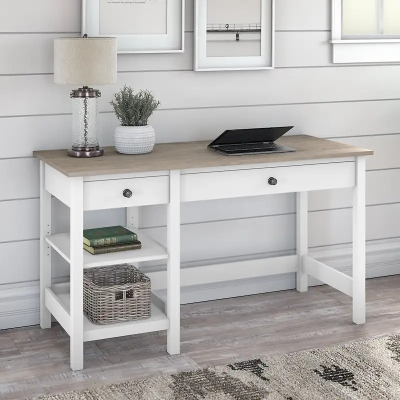 54W Computer Desk with Shelves, Shiplap Gray/Pure White & Vintage Black/Reclaimed Pine, 1-Person