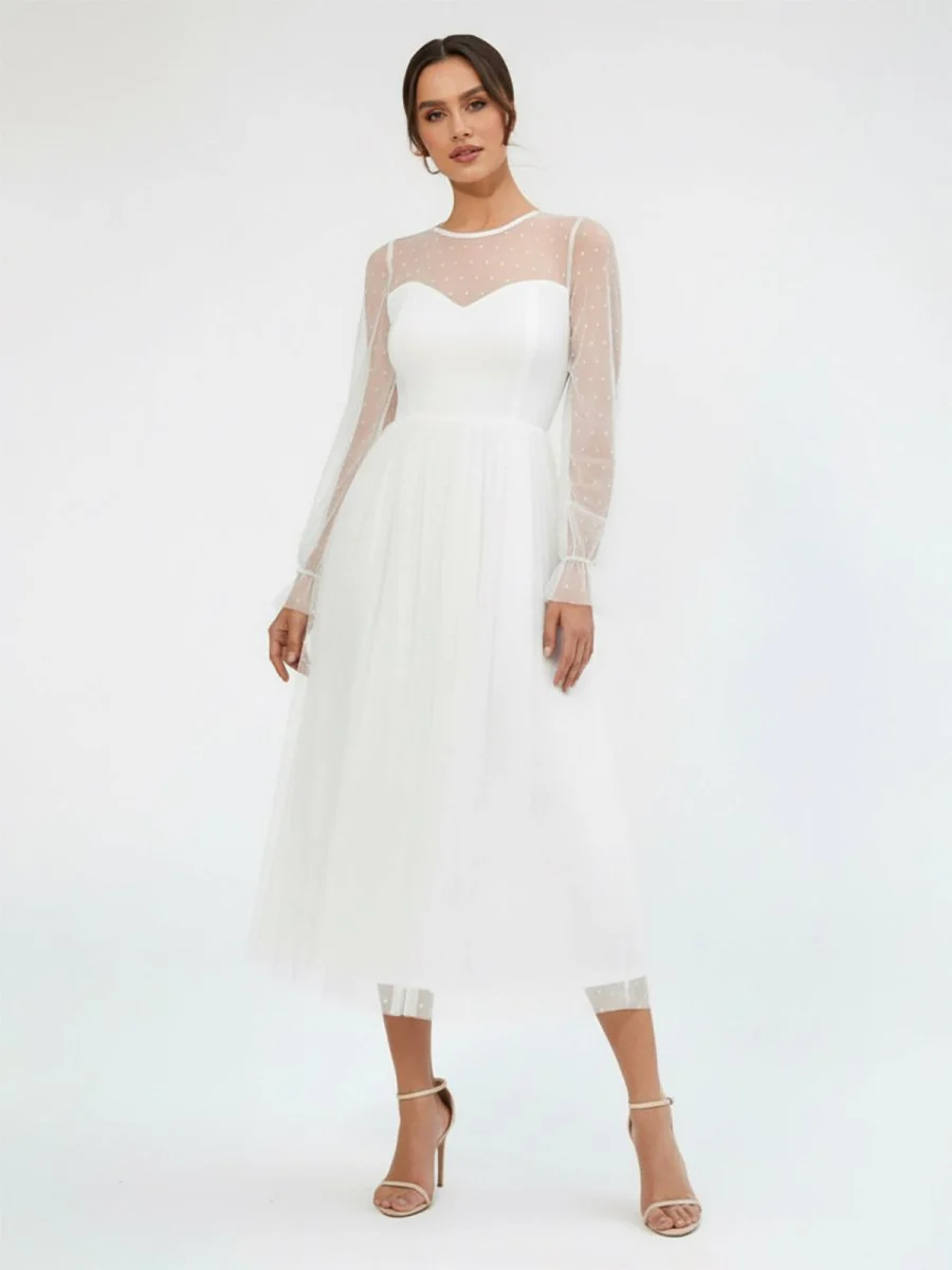 Elegant A-Line Long Sleeve Tea Length Wedding Dresses