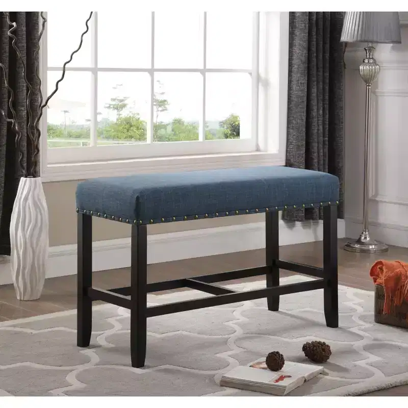 Roundhill Furniture Biony Fabric Counter Height Dining Bench with Nailhead Trim, Blue