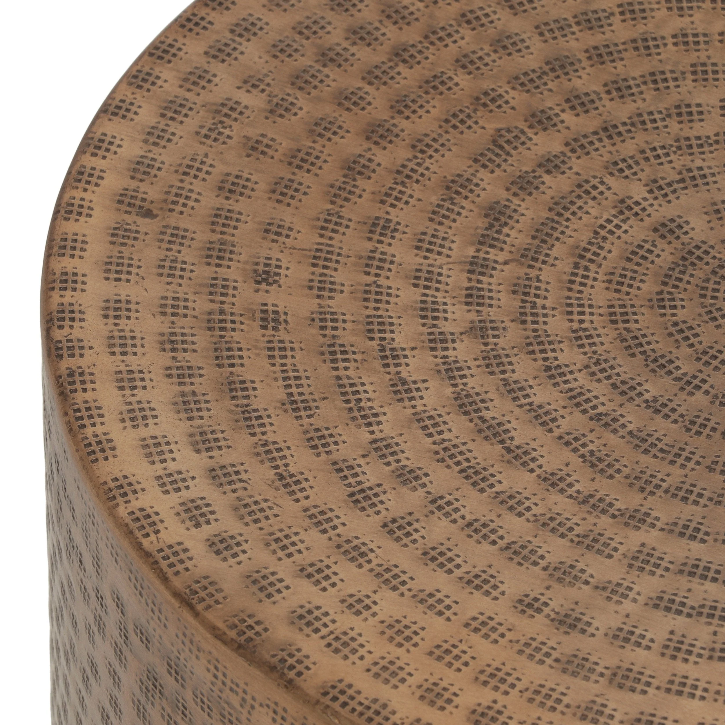 Handcrafted Boho Aluminum Drum Side Table, Aged Brass - NH845413