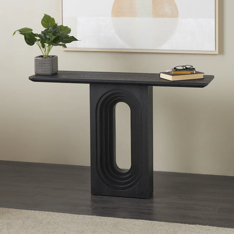 Wooden Console Table with Oval Carved Pedestal Base - Black - Roche River Decor