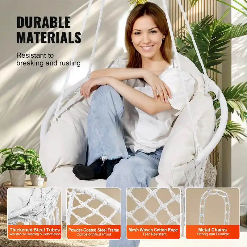 Hanging Hammock Swing Chair, Macram Hanging Chair with Cushion and Mounting Hardware, Cotton Rope Swing Chair