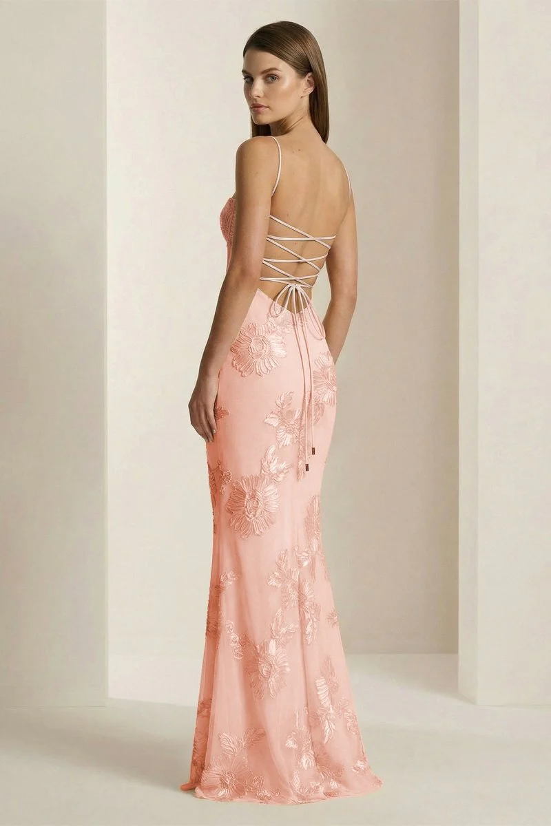 Yellow Spaghetti Straps Sheath Long Prom Dresses With Floral Embroidery