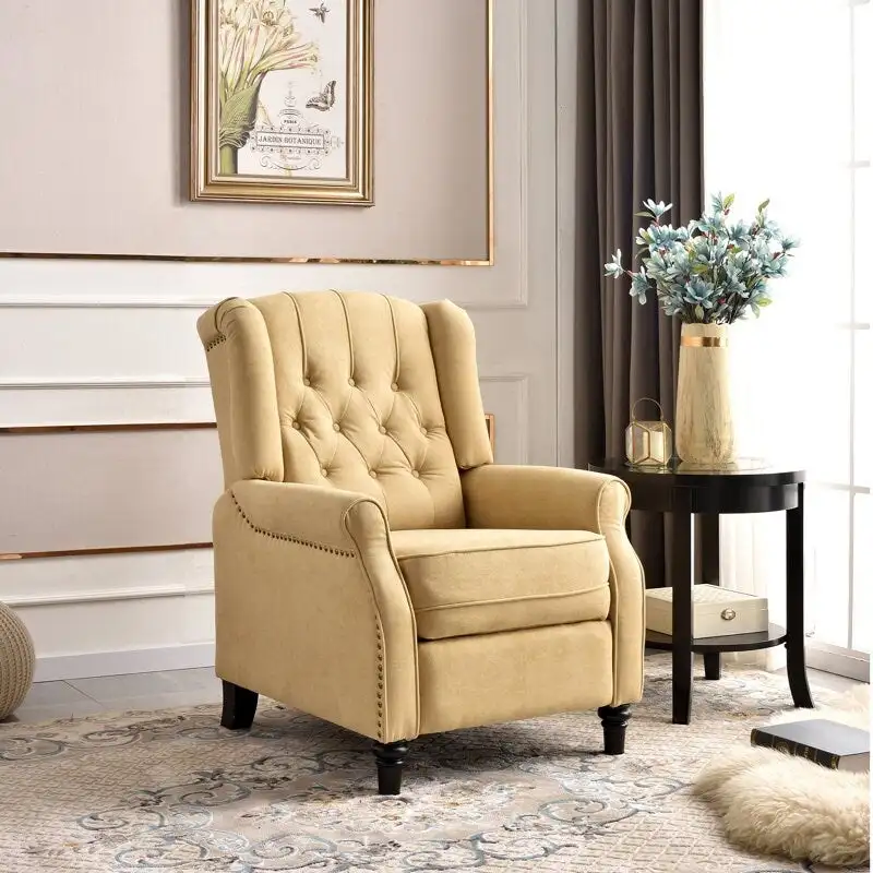 Push Back Recliner with Tufted Back and Wooden Legs