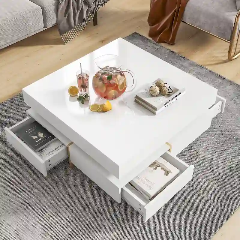 White High Gloss Coffee Table with 4 Drawers - 31.5