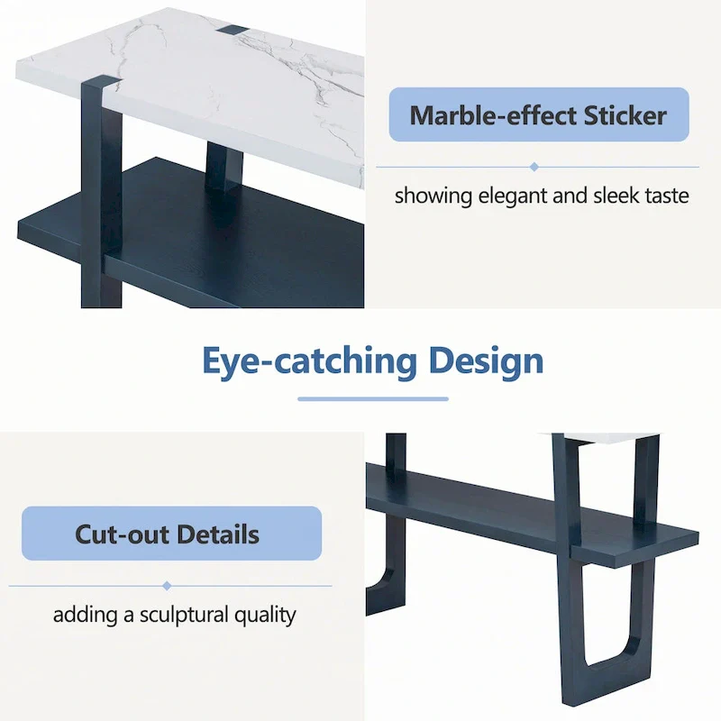 Narrow Console Table with Marble-Effect Top(Navy)