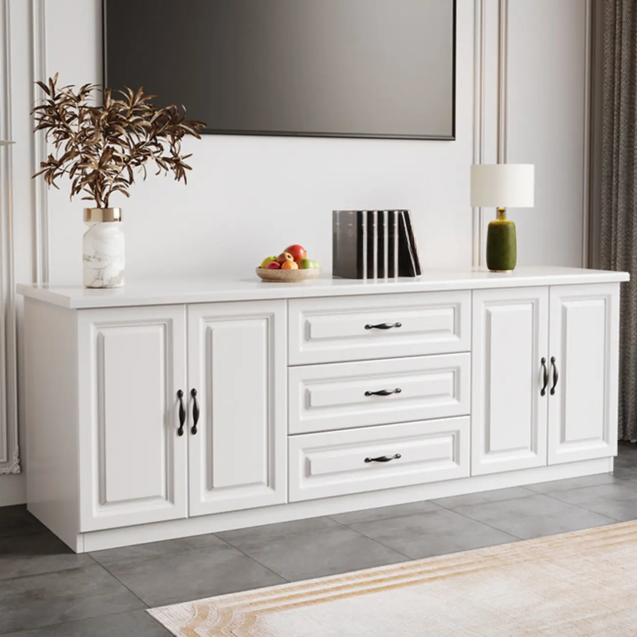 Modern Long Wood TV Stand with Cabinets