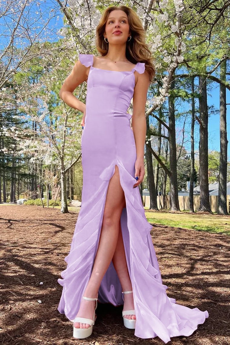 Emerald Green Square Neck Ruffle Slit Prom Dress