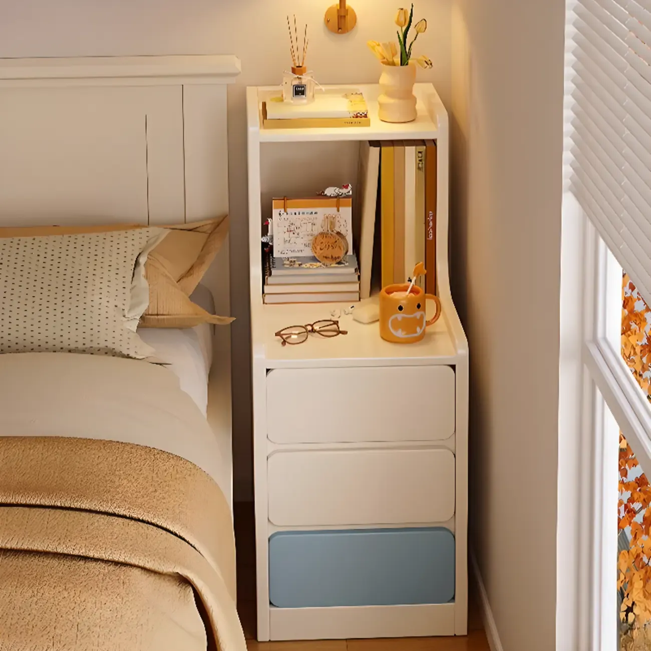 Modern Bedside Table with Drawers - White Nightstand