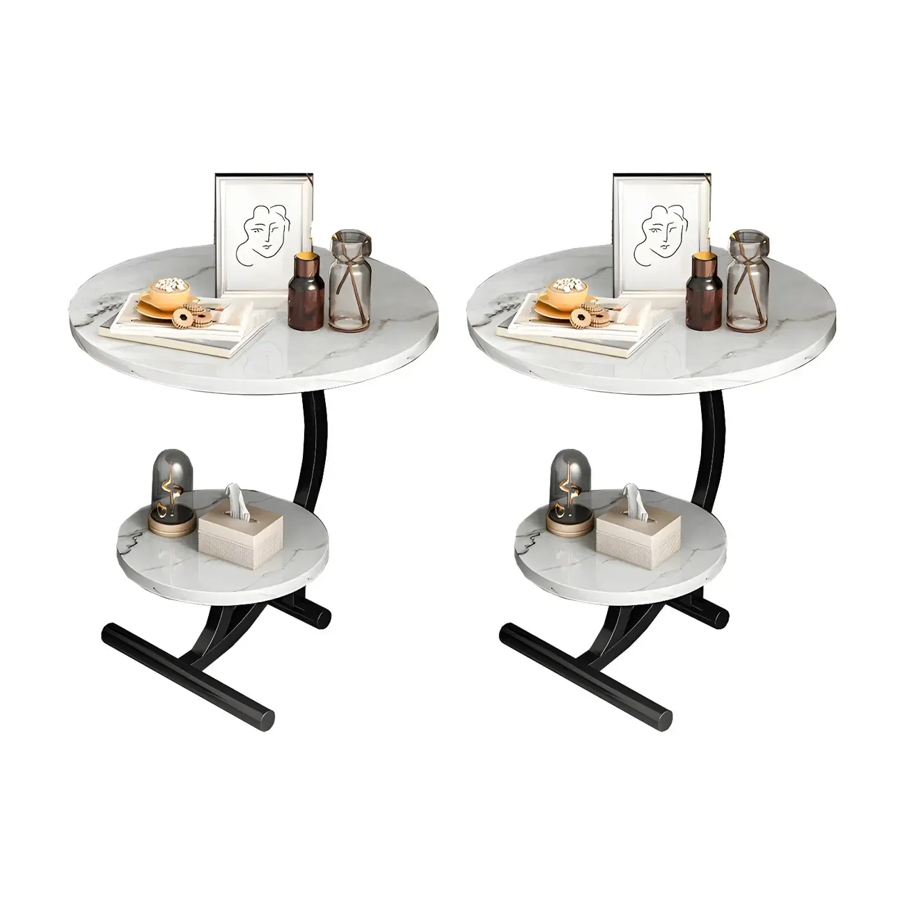 Modern Metal Frame Elegant Round Double Layer Nightstands