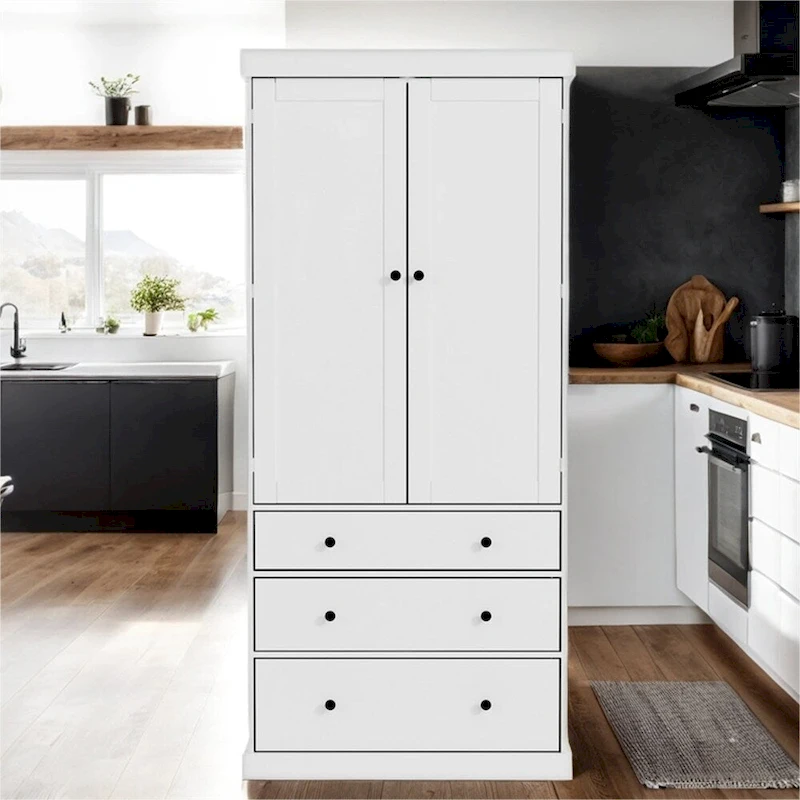 Freestanding Tall Cupboard Storage Cabinet w/ 8 Door Shelves, 3 Drawer