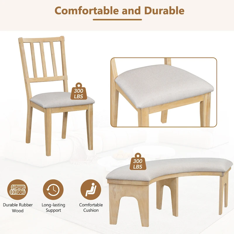 Modern Country Dining Table and Chair Sets Multi-Functional Dining Table and Chair Sets with Curved Table Base and Curved Bench