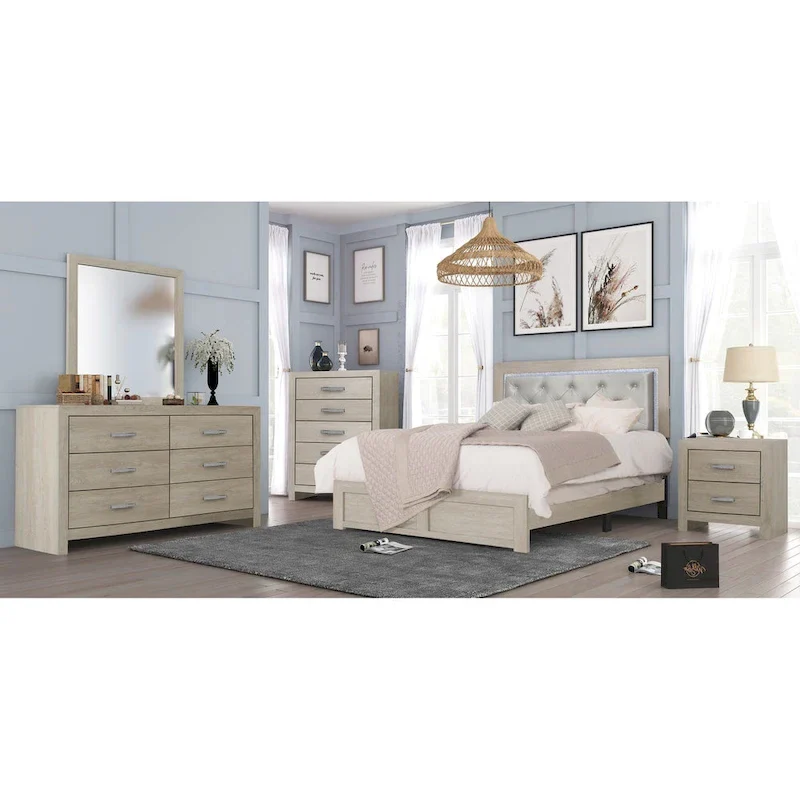 Bernard 4 Piece Cream LED Faux Leather Upholstered Tufted Panel Bedroom Set
