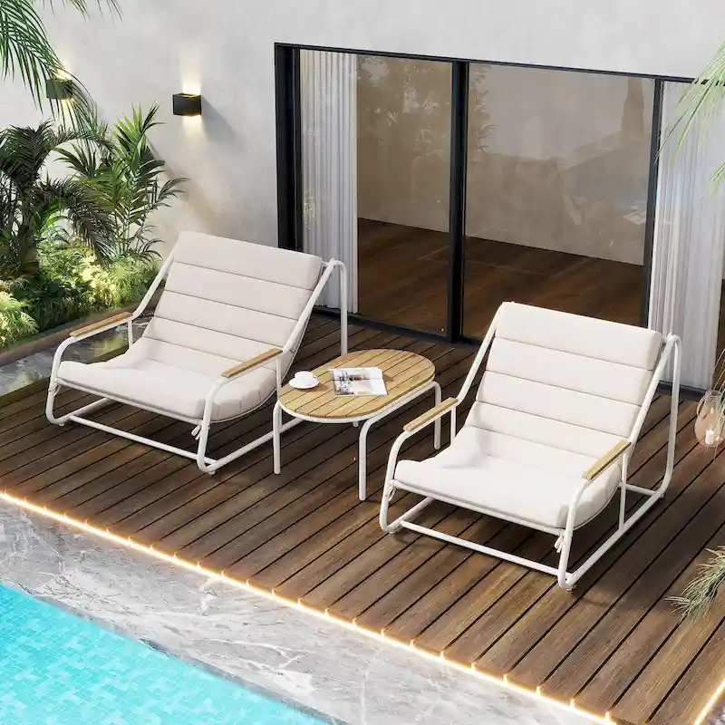 Outdoor Chaise Lounge Set of 3 with Cushion, Patio Lounge Chair Recliner with Acacia Side Table