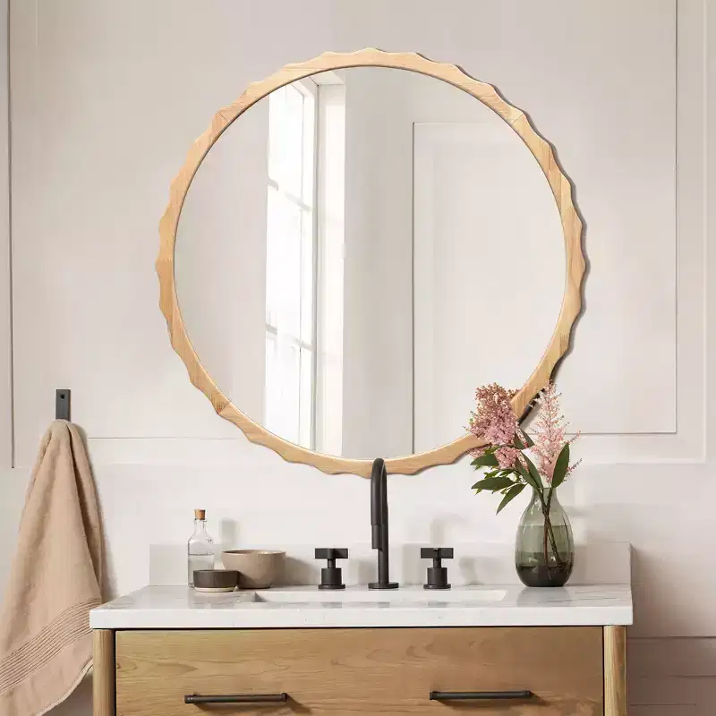 LuxenHome 31.5-Inch Round Wall Mirror Natural Wood Scalloped Frame Circle Wall Mounted Decorative Wavy Mirror for Bathroom Bedroom Entryway Brown