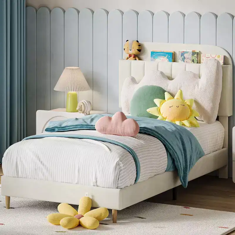 GustoWave Full Size Upholstered Platform Bed Frame with Storage Headboard & Bookshelf for Kids or Teens