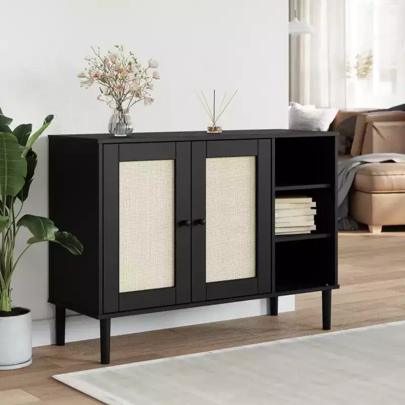 vidaXL SENJA Sideboard Buffet Storage Cabinet Rattan Look Solid Wood Pine, with 3 Open Compartments