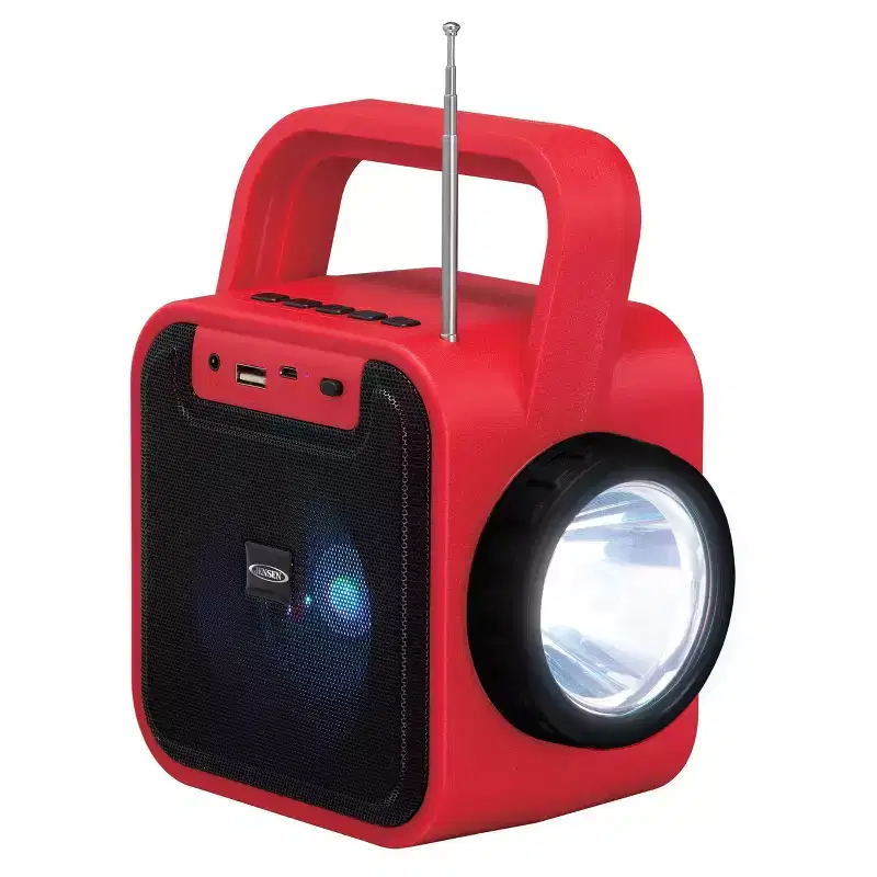 JENSEN Portable Bluetooth Rechargeable Speaker with Built-in Emergency USB Charging Port FM - Red: Android & iOS Compatible, AM/FM Radio
