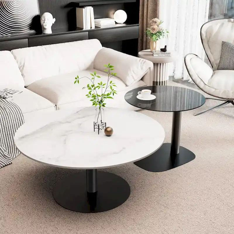Set of 2 Modern Stacking Round Coffee Table Side Table Set with Slate Glass Top