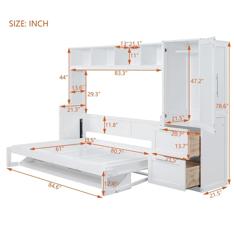 Grey/White Queen Murphy Wall Bed with Closet & Drawers, Sleeps 2