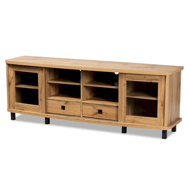 Oak Brown TV Stand with Glass Doors and 2 Drawers