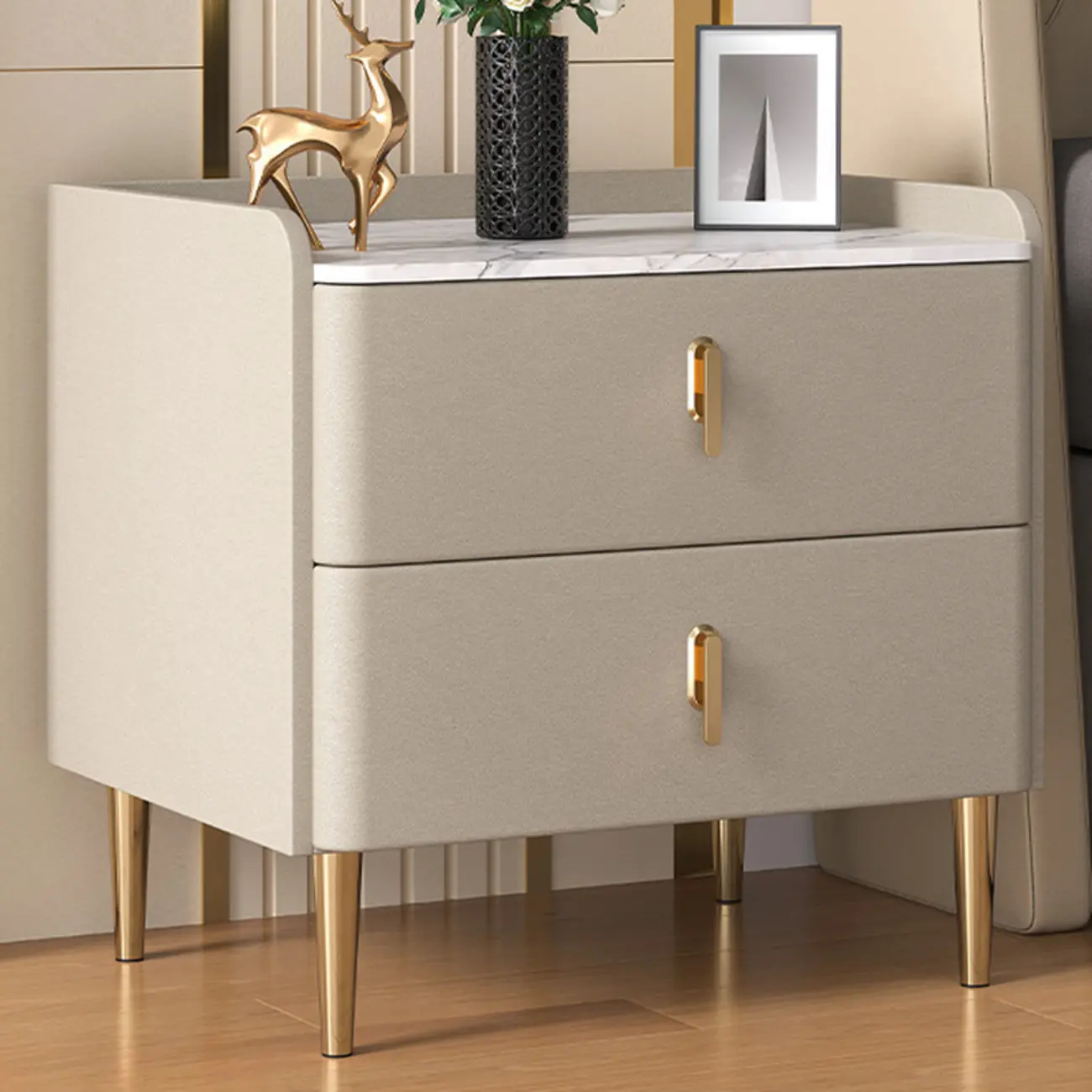 Modern Stone Top Leather Drawers Nightstand with Golden Legs