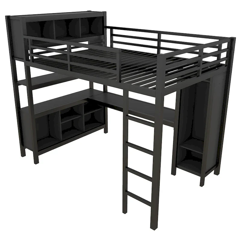 Metal Loft Bed with Wardrobe And L-shaped Desk