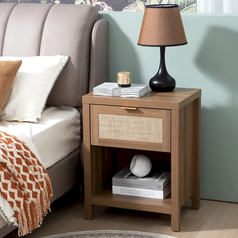 Oak / Black / Light Oak Farmhouse Rattan Nightstand with Drawer & Shelf
