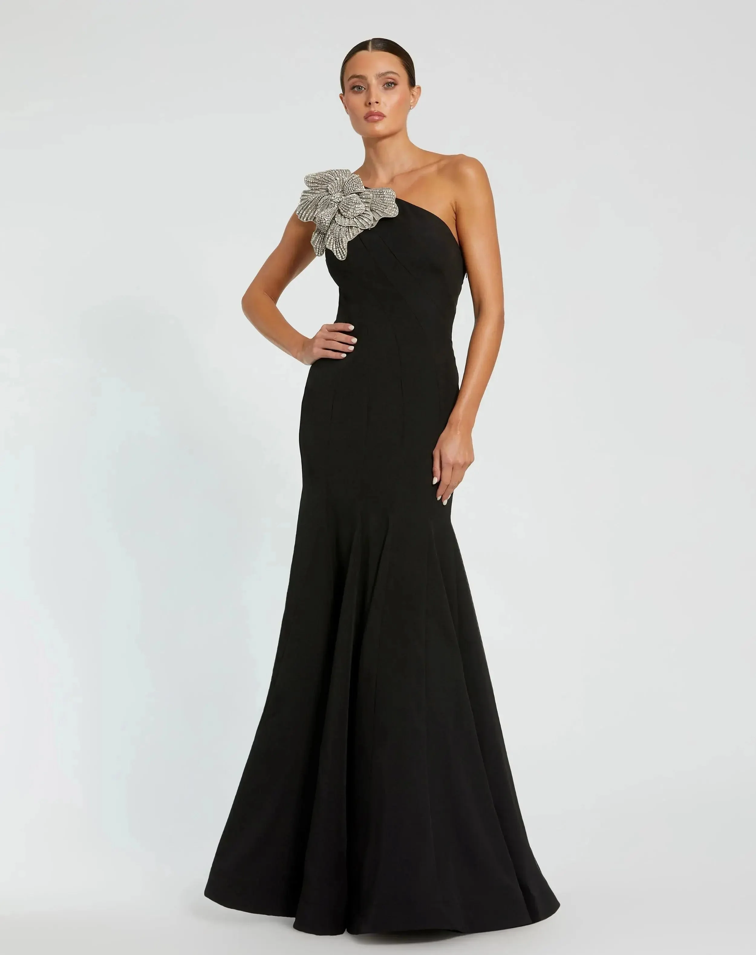 Black Crepe One Shoulder Gown With Crystal Flower
