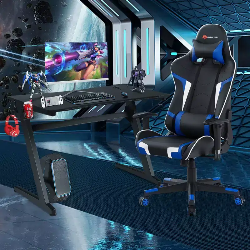 Costway Z-Shaped Racing Style Desk & Massage Gaming Chair Set for Home Office
