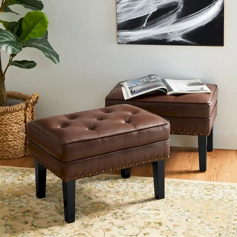 Glitzhome Set of 2 22W Leatherette Button-tufted Foot Stools Ottomans
