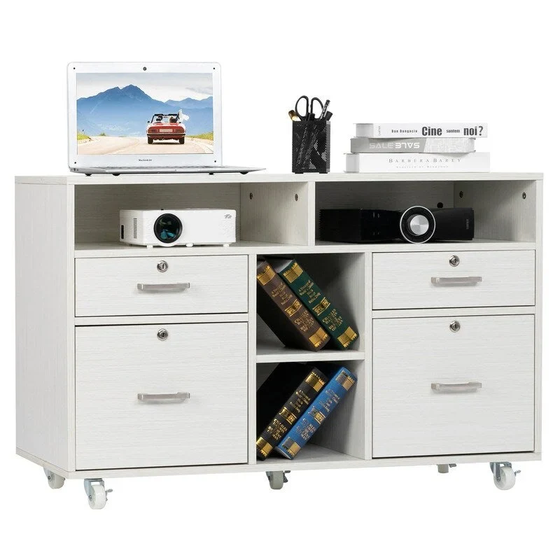 4-Drawer Mobile Wood File Cabinet with Shelves and Locking Wheels