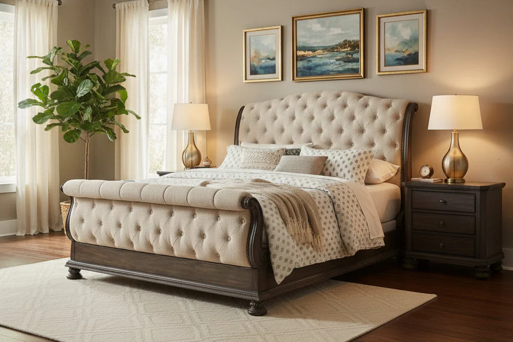 Brown and Beige King Sleigh Bed with Button Tufting