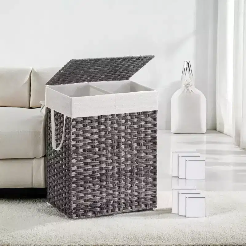 90L Laundry Hamper with Lid Laundry Clothes Hamper with 2 Removable Liner Bags Wicker Double Laundry Basket for Bathroom